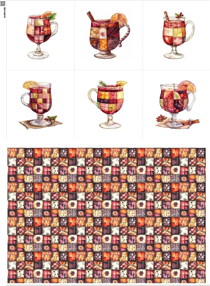 Patchwork Mulled Wine Cotton Fabric Panel – 6 Designs (10×10 inch Each) + Bonus Sheet 29.5×19.6 inch, 100% Cotton 140 GSM, Made in Türkiye