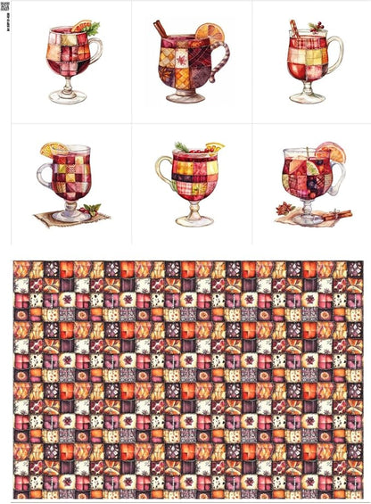 Patchwork Mulled Wine Cotton Fabric Panel – 6 Designs (10×10 inch Each) + Bonus Sheet 29.5×19.6 inch, 100% Cotton 140 GSM, Made in Türkiye