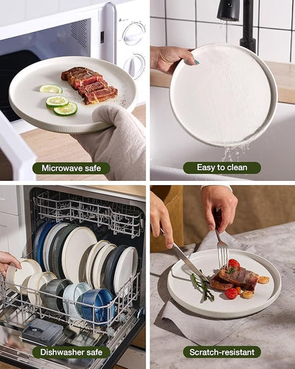 Famiware Star 12-Piece Stoneware Flat Plate Set for 6-10.5" Dinner Plates & 8" Salad Plates, High Edge Dishes Dinnerware Sets, Chip & Scratch Resistant, Microwave & Dishwasher Safe, Matte White