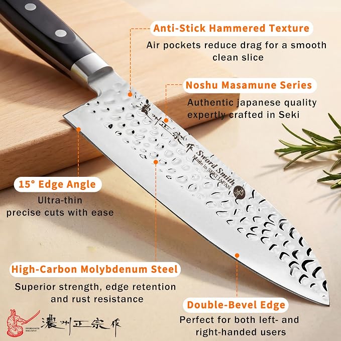 6.7 Inch Santoku Knife, Made in Japan, Full Tang AUS-6 High Carbon Molybdenum Stainless Steel Japanese Chef Knife with Hammered Blade, Kitchen Knife Gifts for Men and Women