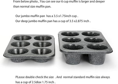 Monfish Jumbo Deep Muffin pan 6 cup large cupcake pan gray granite finish Carbon steel muffin tin 3.5x3inch cup (deep 6 cup)
