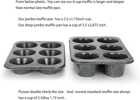 Monfish Jumbo Deep Muffin pan 6 cup large cupcake pan gray granite finish Carbon steel muffin tin 3.5x3inch cup (deep 6 cup)