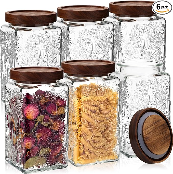 Domensi 6 Pack Vintage Glass Jars with Lids 34 oz Airtight Food Storage Containers Acacia Wood Mason Jar Lids Airtight Pantry Containers for Kitchen Countertop Tea Coffee Spices and Snacks