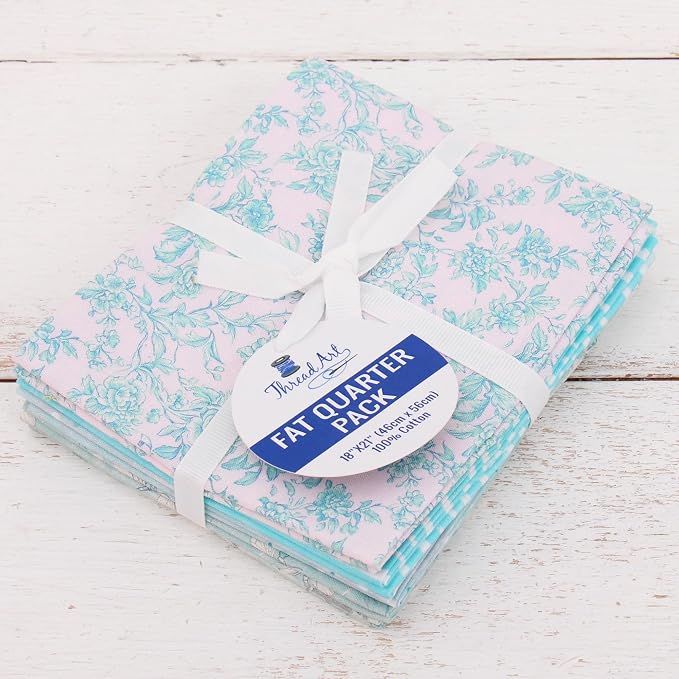 Threadart Exclusive 5 Fat Quarter Bundles - Light Aqua Vintage Prints 100% Cotton Fabric - Premium 100% Cotton Quilting Fabric - No Duplicates - Full Size Fat Quarters 18"x21" - Light Aqua