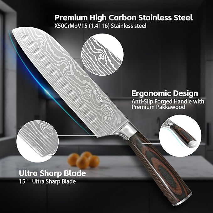 Santoku Knife, 7 inch Professional High Carbon Razor Super Sharp German Stainless Steel - Japanese Chef Kitchen Knife with Ergonomic Forged PakkaWood Handle, with Luxury Gift Box, for Family