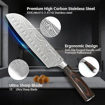 Santoku Knife, 7 inch Professional High Carbon Razor Super Sharp German Stainless Steel - Japanese Chef Kitchen Knife with Ergonomic Forged PakkaWood Handle, with Luxury Gift Box, for Family