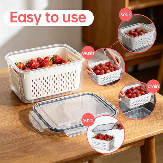 Fruit Containers for Fridge with Removable Colander, 5 Pack Strawberry Storage Containers for Fridge, Containers with Lids, Keep Strawberries, Berries Fresh for Longer