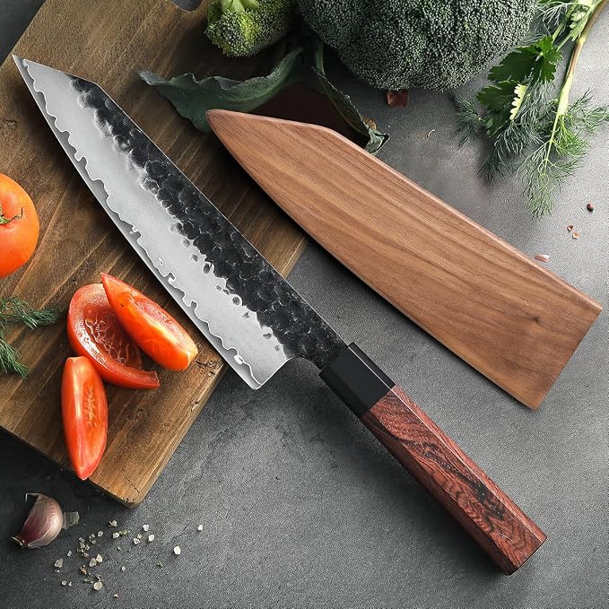 HEZHEN- 8.5” Chef Knife, 3 Layers High Carbon Clad Steel Kiritsuke Knife, Composite Forging Steel, Professional Japanese Kitchen Knife, Redwood Octagonal Handle With Wooden Knife Sheath