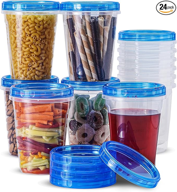 RFAQK 24 Pack Freezer Storage Containers with Lids-32 OZ Soup Containers with Twist Top Lids-Meal Prep Quart Food Storage Containers with Screw Lid-Leak Proof Plastic Containers for Leftovers & Pantry