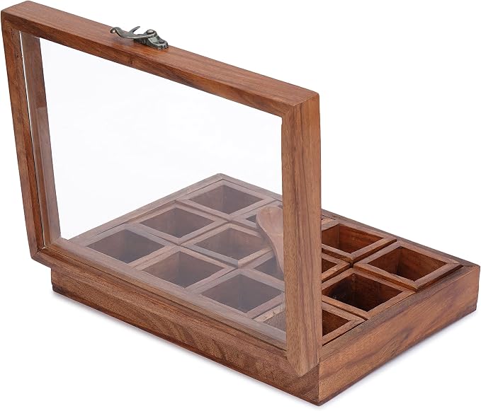 Ajuny Wooden Spice Box - Masala Dabba Organizer with Glass Lid on Top, 12 Removable Compartments and 1 Designer Spoon Spice Storage Container, Ideal for Seasonings & Herbs Best Gifts
