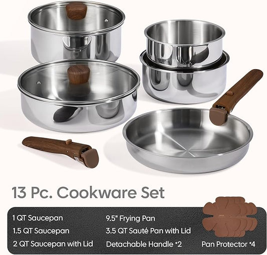CAROTE 13pcs Tri-Ply Stainless Steel Cookware Set with Detachable Handle, Pots and Pans Set, Induction Kitchen Cooking Sets, RV/Camping Cookware, Oven Safe, Woodgrain Style