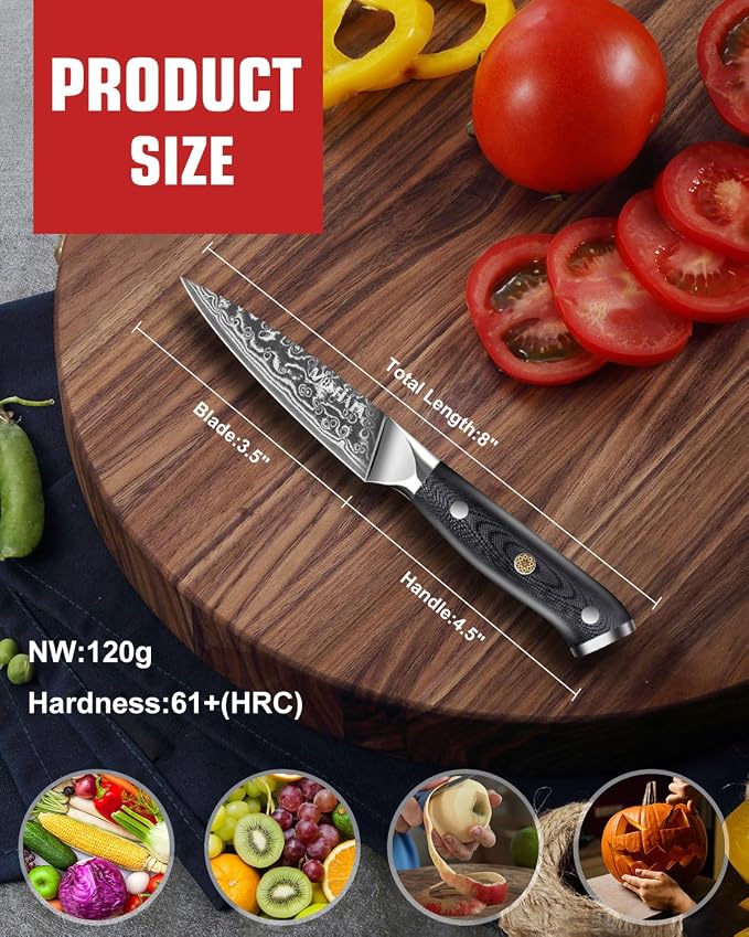 MOSFiATA Paring Knife, Super Sharp Damascus Fruit Knife, Multifunctional Peeling for Cutting Fruit Vegetables