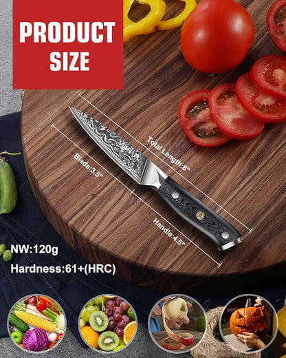 MOSFiATA Paring Knife, Super Sharp Damascus Fruit Knife, Multifunctional Peeling for Cutting Fruit Vegetables
