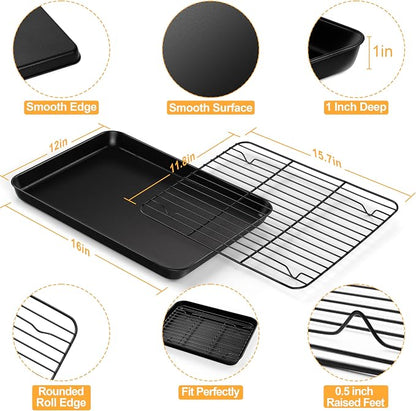 E-far Nonstick Baking Sheet with Rack Set, 16 x 12 x 1 Inch Cookie Sheet Baking Pans with Cooling Racks, Warp Resistant & Heavy-Duty, Non-Toxic & Easy Clean (2 Pans + 2 Racks)