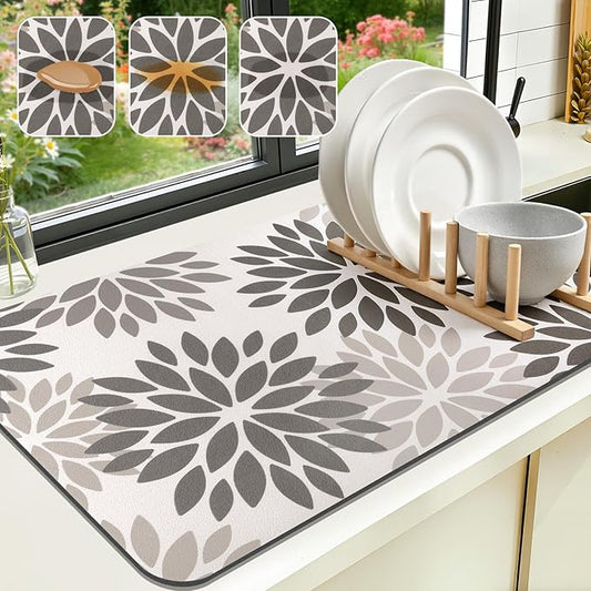 Findosom Floral Dish Drying Mat, 12" x 20" Super Absorbent & Hide Stain Coffee Mat, Cuttable Drying Mat for Kitchen Counter, Under Dish Rack, Coffee Maker, Espresso Machine, Dark Gray