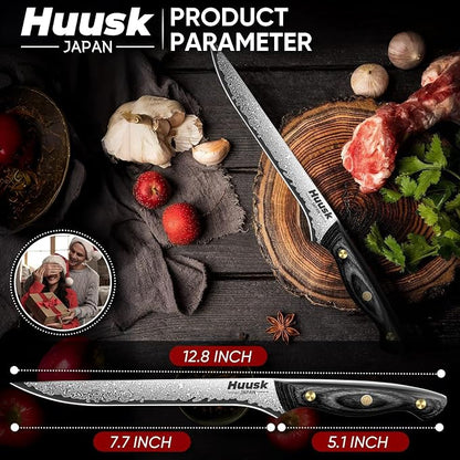 Huusk Damascus Boning Knife 8 inch, VG10 Brisket Trimming Knives for Meat Cutting, Flexible Fillet Knife, Butcher Knives, Kitchen Slicing Knives with Full Tang Handle, Christmas Gift for Men and Women