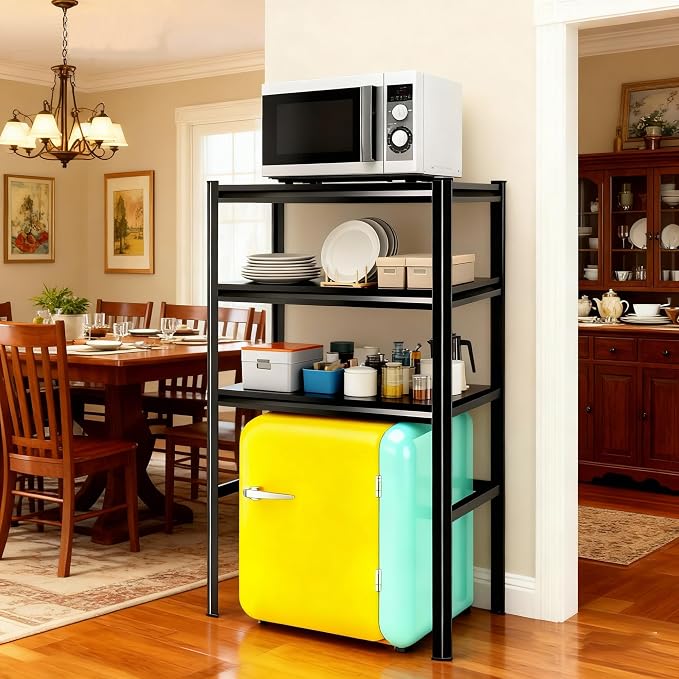 3-Tier Space Saving Refrigerator Shelf Organizer, Adjustable Metal Storage Rack with Double Column, 63" H Mini Fridge & Microwave Stand for Kitchen, Apartment, Black