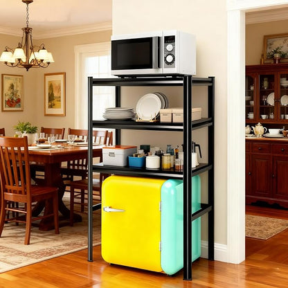 3-Tier Space Saving Refrigerator Shelf Organizer, Adjustable Metal Storage Rack with Double Column, 63" H Mini Fridge & Microwave Stand for Kitchen, Apartment, Black