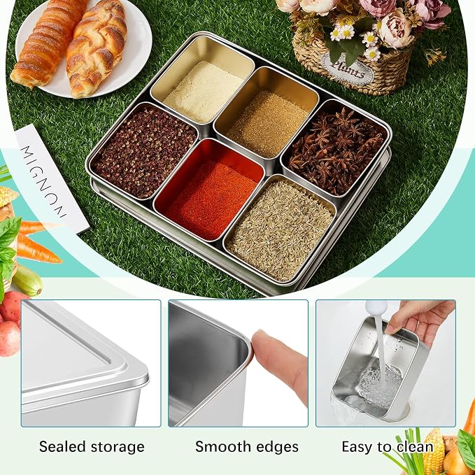 Boao 6 Compartment 304 Yakumi Pans Stainless Steel Seasoning Condiment Container with Lids Spoons, Japanese Yakumi Pans Mini Sauces Salad Dressings Storage for Food, Herbs, Spices