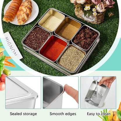 Boao 6 Compartment 304 Yakumi Pans Stainless Steel Seasoning Condiment Container with Lids Spoons, Japanese Yakumi Pans Mini Sauces Salad Dressings Storage for Food, Herbs, Spices