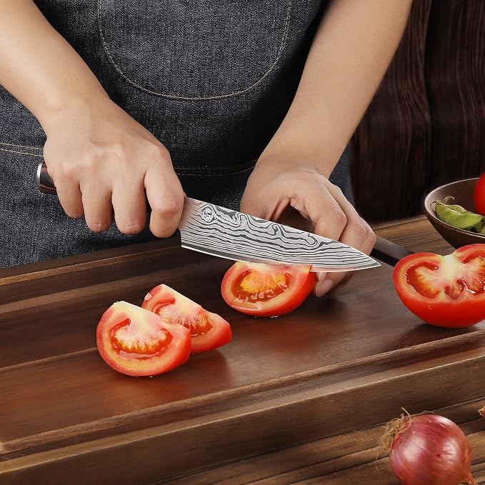 Sunnecko 5.5 Inch Small Chef Knife - Ultra Sharp 12-15 Degree Edge Kitchen Knife for Meat Vegetable Cutting Japanese Style with Sheath, High Carbon Stainless Steel Blade, Cooking Father Day Gift