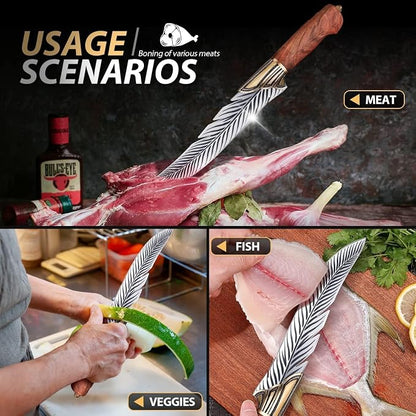 Dream Reach Feather Knife, 6.5" Hand - Forged High Carbon Steel Viking Boning Knife with Sheath, Ideal for Kitchen and Outdoor Activities, Gifts for Men Women