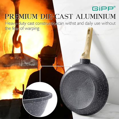 GiPP Non Stick Frying Pan Set - 9.5" 10.2" 11" Ceramic Nonstick Skillets, Non Toxic, Omelette Pan with Stay Cool Handle, Induction Compatible, PFAS/PTFE/PFOA Free, Gray