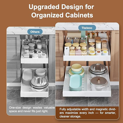 2-Pack Expandable Pull Out Drawers for Cabinets, 21" Deep Each, Adjustable 12–20" Width – Magnetic Dividers, Optional Riser, Heavy-Duty 3-Rail Glide, No-Drill Roll-Out Shelf Organizers, White