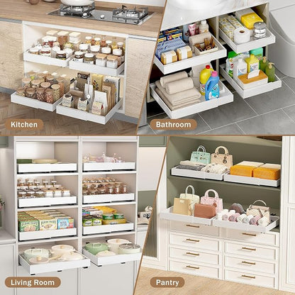 2 Pack Expandable (13.5''-21'') Pull Out Cabinet Organizer, 21" Deep Pull Out Drawers for Kitchen, Bathroom,Pantry, Under Sink Storage, Heavy Duty Slide Out Drawers Upgraded 3 Slide Rails (White)