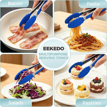 Small Cooking Tongs 7 inch Mini Serving Tongs with Silicone Tips, Set of 3 (Red + Green + Blue)