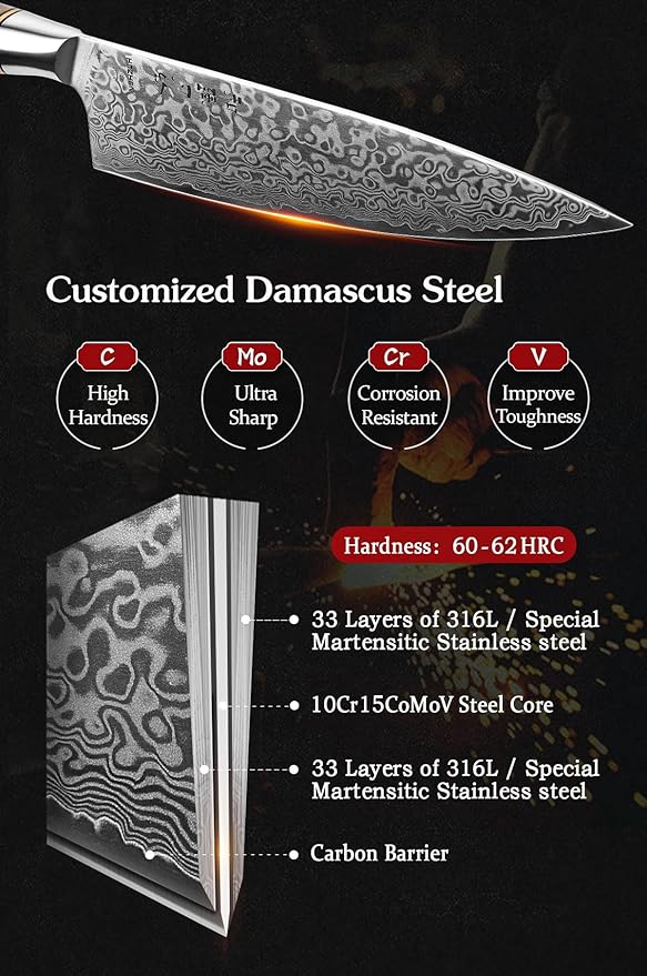 HEZHEN Damascus Chef Knife, 8.3 Inches | 67 Layers Damascus Steel, VG10 Gyuto Knife, Master Series, Figured Sycamore Wood Handle, Razor-Sharp Blade