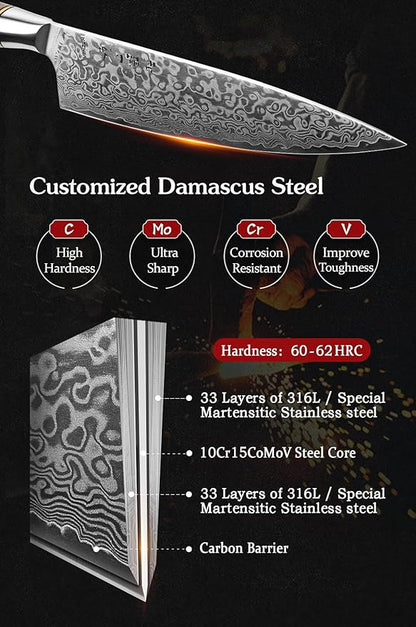 HEZHEN Damascus Chef Knife, 8.3 Inches | 67 Layers Damascus Steel, VG10 Gyuto Knife, Master Series, Figured Sycamore Wood Handle, Razor-Sharp Blade