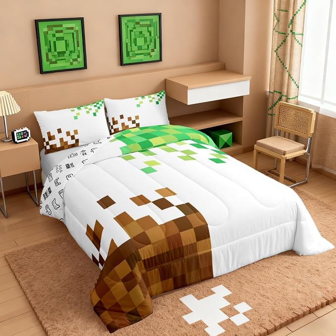 Manfei Pixelated Comforter Set Queen Size,Cartoon Gamepad Duvet Insert Adults Bedroom Decor,Miner Style Bedding Set,Brown Green Ultra Soft Microfiber Inner Fill 3Pcs Bedding