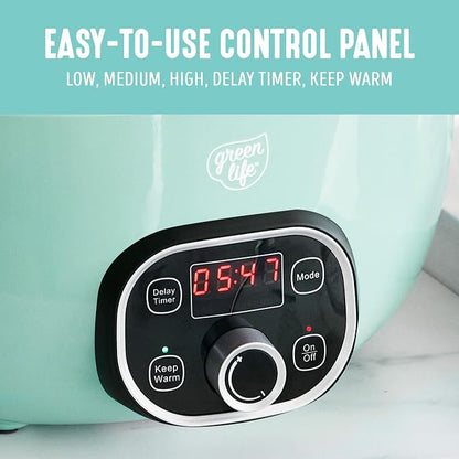 GreenLife 8QT Slow Cooker, Non-Toxic PFAS-Free Ceramic Nonstick Removable Interior Bowl, Programmable, Family Friendly, Keep Warm, Stovetop & Oven Safe, Dishwasher Safe Crock, Glass Lid, Turquoise