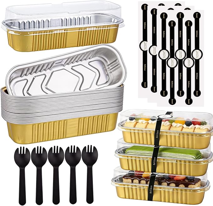 24 Pack Mini Loaf Pans, 7.5oz Mini Cake Pan & Mini Cupcake Pan Set – Disposable Aluminum Baking Pans with Lids, Spoons & Stickers, Premium Sturdy Gift Set for Cakes, Cupcakes, Desserts & Party Treats
