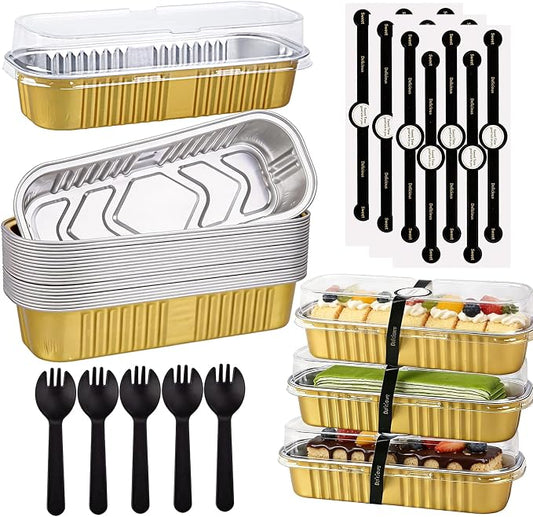 24 Pack Mini Loaf Pans, 7.5oz Mini Cake Pan & Mini Cupcake Pan Set – Disposable Aluminum Baking Pans with Lids, Spoons & Stickers, Premium Sturdy Gift Set for Cakes, Cupcakes, Desserts & Party Treats