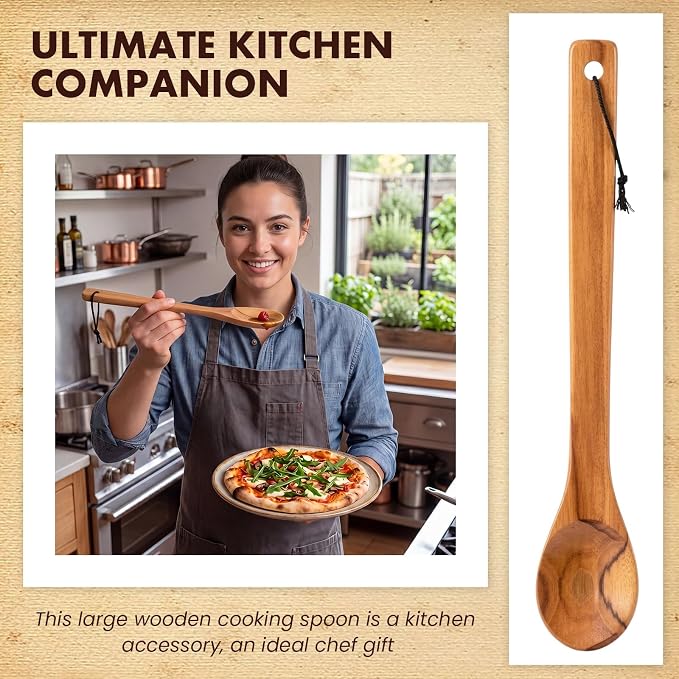 Baderke 1 Pcs 18 Inches Extra Long Wooden Spoons Large Non-stick Kitchen Wooden Spoons Giant Heavy Duty Stir Paddle for Cooking Mixing Stirring Heat Resistant Cooking Tool Chef Mom Gifts (Teak)