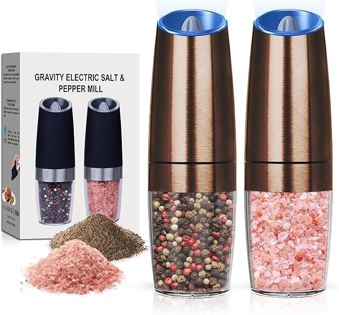 Battery Operated Salt And Pepper Grinder Set with LED Light, Automatic Electric Gravity Salt And Pepper Shakers Set, Each 6 AAA Batteries Needed, Adjustable Roughness, 2 Pack (Copper)