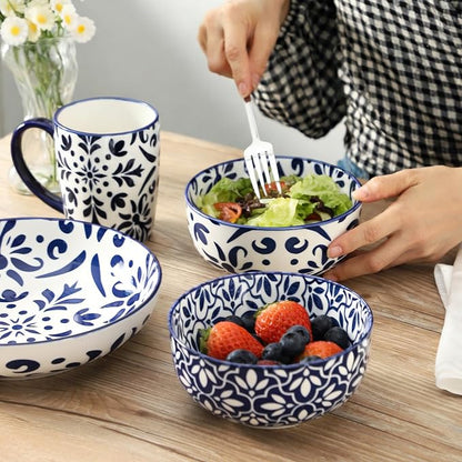 glowworm Cereal Bowls Set of 6, 26 Oz Porcelain Soup Bowls for Kitchen, Vintage Bowl Set for Rice, Oatmeal, Ice Cream, Dessert, Dishwasher & Microwave safe, Bohemian Blue & White