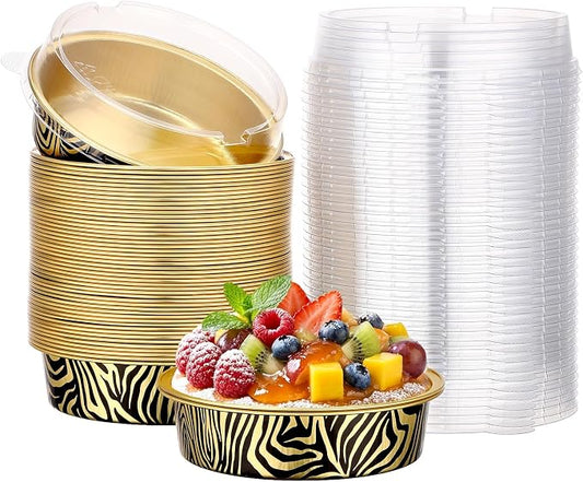 Beasea 4 Inch Pie Tins with Lids, 50 Pack 7.3 Oz Disposable Mini Tart Tins, Aluminum Foil Baking Tins Small Round Muffin Container Mini Cheesecake Cups for Pie Tart Quiche - Tiger Stripes