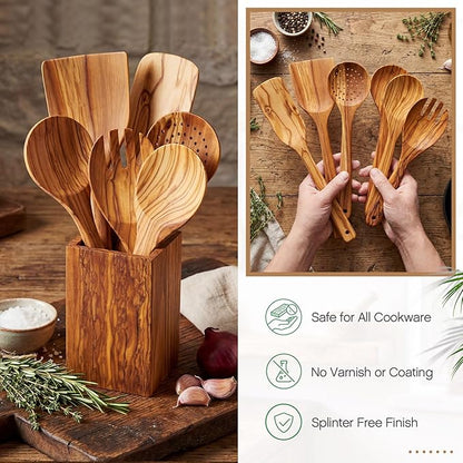 Qinyoung 10 Pack Olive Wood Cooking Utensils Olive Wood Kitchen Utensils Mixing Spatula Spoon Fork Set with Gift Box for Cooking Baking Meal, Birthday Anniversary Mother's Day Housewarming Gifts
