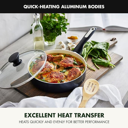 GreenPan Rio Healthy Ceramic Nonstick 5QT Saute Pan Jumbo Cooker with Helper Handle and Lid, PFAS-Free, Dishwasher Safe, Black