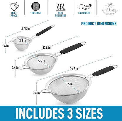 Zulay Kitchen Premium Stainless Steel Fine Mesh Strainer Set - Strainers For Kitchen (Set of 3) With Non-Slip Handles - Includes A Small, Medium & Large Fine Mesh Sieve Set - Durable Metal Strainer