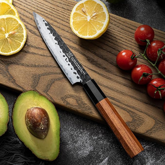 FAMCÜTE 5 inch Japanese Paring Knife, Hand Forged 5 Layers 9CR18MOV High Carbon Steel Professional Kitchen Small Knife With Rosewood Handle As a Warm and Beautiful Gifts for Mom/Dad