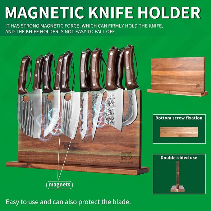 FULLHI 19pcs Butcher Chef Knife Block Set with Meat Fork Scissors Knife Holder, High Carbon Steel Full Tang Cleaver Kitchen Knife Set for Home, BBQ, Camping