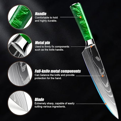 8-Piece Premium Japanese Kitchen Knife Set - Star Collection, Laser Damascus Pattern, 440A Stainless Steel Ultra Sharp for Fast Cutting (Green 8J)