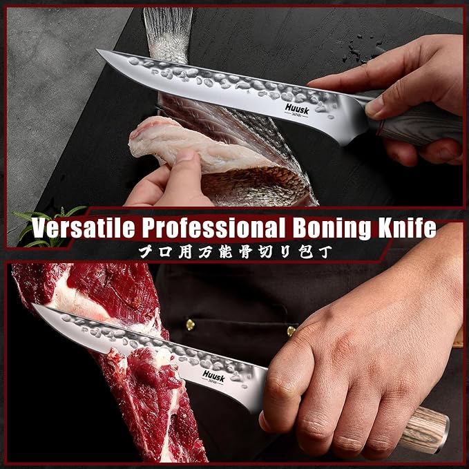 Huusk Kitchen Knife Set of 3 - Japanese Nakiri Vegetable Knife, Meat Cleaver Boning Knife for Meat Cutting, Hand Forged Butcher Chef Knives Set for Kitchen Cooking, Gift Idea for Men Women