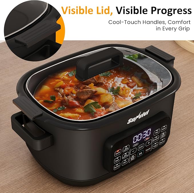 Sunvivi 12-in-1 Multi Cooker, 6.5QT Programmable Slow Cooker with Timer & Temp Control, Auto Warm Setting, Delay Start, Dishwasher Safe Lid & Removable Nonstick Crock, Stainless Steel Rack, Black