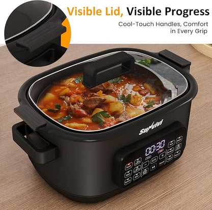 Sunvivi 12-in-1 Multi Cooker, 6.5QT Programmable Slow Cooker with Timer & Temp Control, Auto Warm Setting, Delay Start, Dishwasher Safe Lid & Removable Nonstick Crock, Stainless Steel Rack, Black