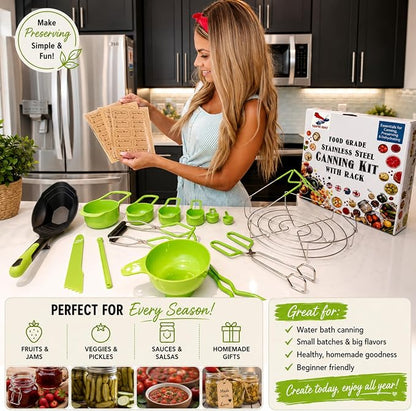Supa Ant Complete Canning Starter Kit – 10pc Food-Grade Steel Set with XL Ladle, 6 Measuring Cups, Jar Lifter, Wide Mouth Funnel, Canning Rack (7-Jar Capacity) & 90 Labels –Beginner-Friendly, Green
